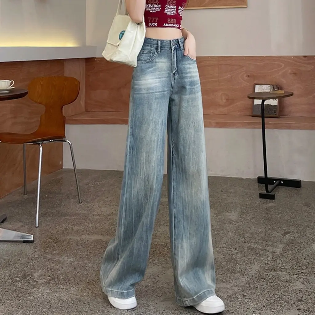Damskie niebieskie jeansy z szerokimi nogawkami, proste, o kroju slim, długość do podłogi, luźny krój dla niskich osób, nowość na wiosnę i jesień.