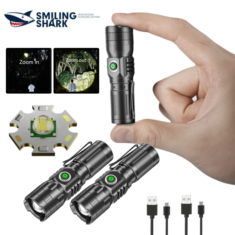 Smiling Shark SD5028 Mini Rechargable LED Flashlight, M77 Zoomable Torchlight, with Pen Clip, for Outdoor Camping Emergency