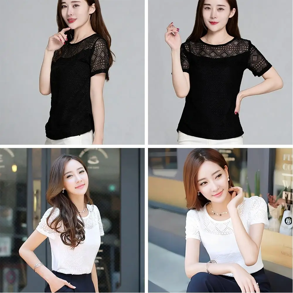 

Fashion Summer Lace Blouse Slim Fit Short Sleeve Tshirt Casual Breathable Ladies Blusas Women