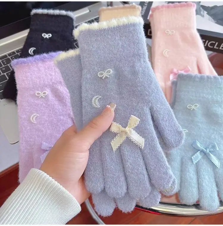 قفازات شتوية نسائية مع ديكور على شكل قمر على شكل فيونكة، قفازات حرارية مريحة فائقة النعومة، هدية أنيقة لها