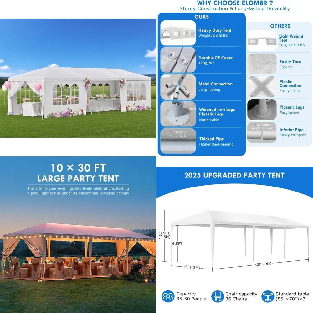 

2025 Enhanced 10 by 30 Feet Party Tent, Outdoor Shelter for Celebrations, Weddings, Birthdays, Large Canopy with Attached Walls