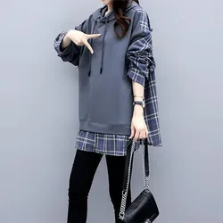 Fashion Hooded Asymmetrical Lace Up Plaid Blouses Women's Clothing 2023 Autumn Winter Casual Tops Fake Two Pieces Shirts