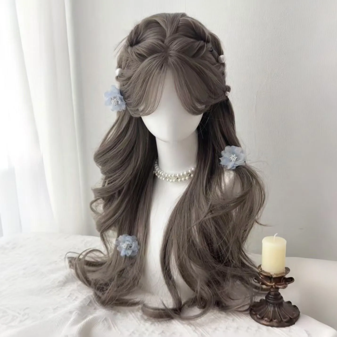 Ash Brown Women's Long Wavy Wig with Princess Half-Up Style, Flowers & Pearls Natural Looking Synthetic Hairpiece for Women