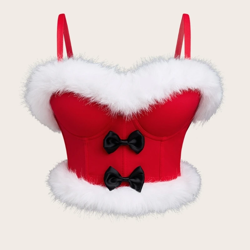 Christmas Bowknot Furry Bustier Crop Top Festival Cosplay Clothes Women Corset Tops for Nightclub Gatherings Party Wear