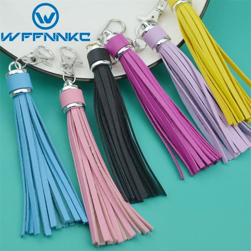 WFFNNKC 4-6Pcs Faux PU Leather Tassel Pendants Women Men Key Chain Silver Lobster Holders DIY Decorate Fashion Jewelry Accessory