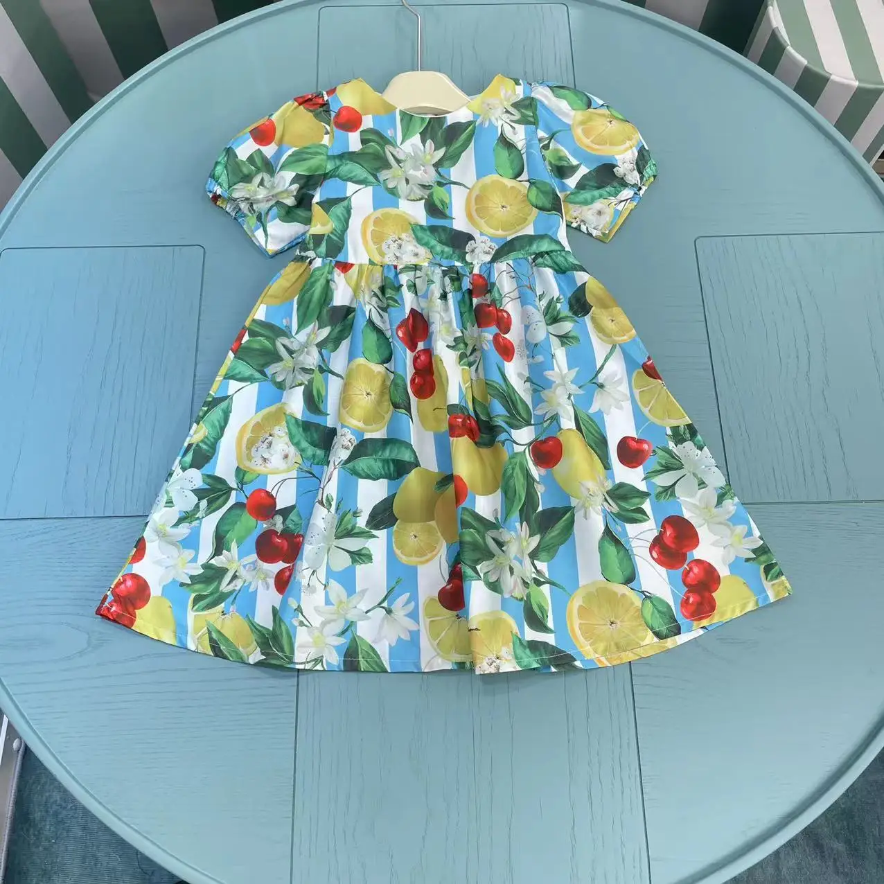 

High end children's clothing 2024 summer new girls princess dress short sleeved green fruit children's dress