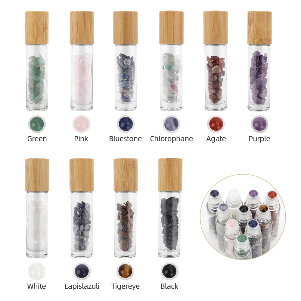 10pcs Essential Oil Bottles Roll On Roller Ball Crystal Chips Jade Stones Bottle 10ml Refillable Perfume Container Bamboo Lid