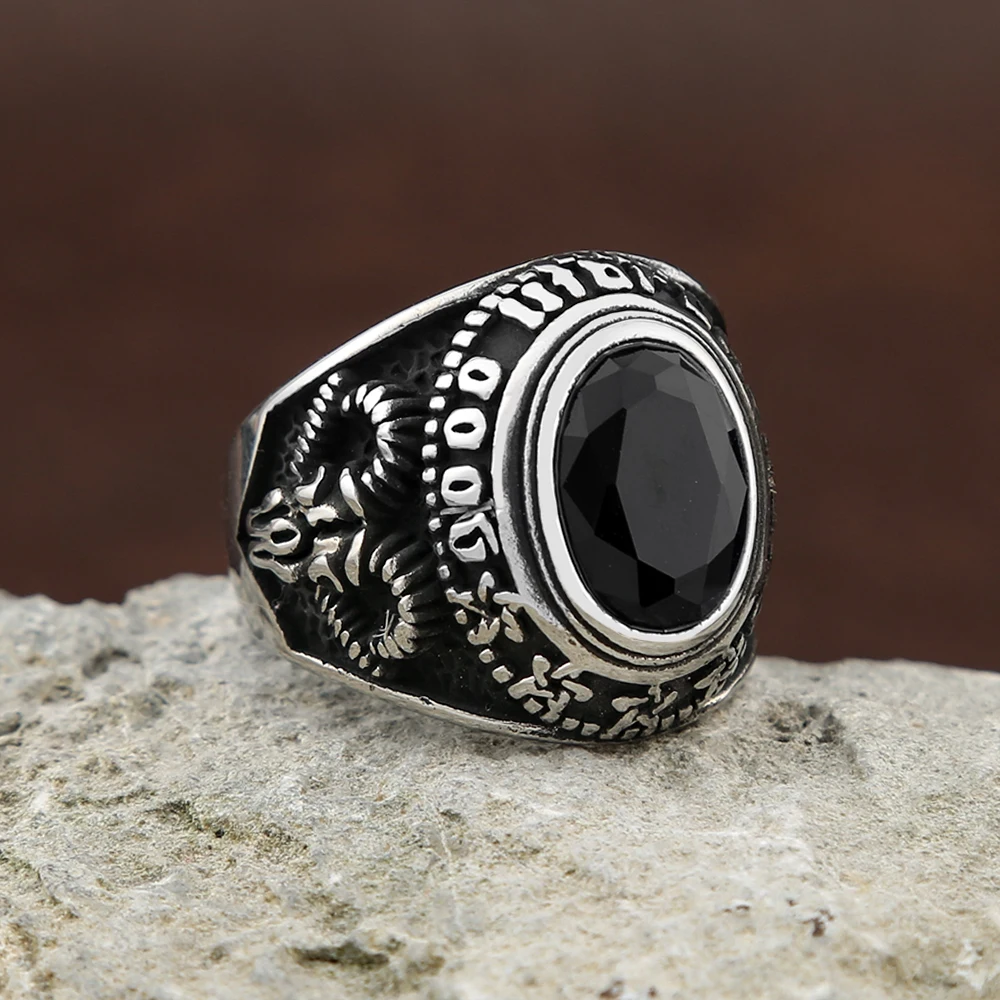 Gothic Vintage Big Black Stone Rings For Men And Women 316L Stainless Steel All Seeing Eyes Ring Baphomet Pagan Jewelry Gifts