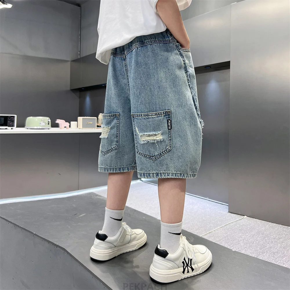 High Fashion Street Style Korean Children Boy Trend Broken Ripped Denim Short with Holes Kids New Summer Destroyed Capri Jeans