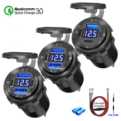 NEW Quick Charge 3.0 USB Charger Socket Power 12V/24V USB Car Outlet with LED Digital Voltmeter for Marine Boat Motorcycle Truck