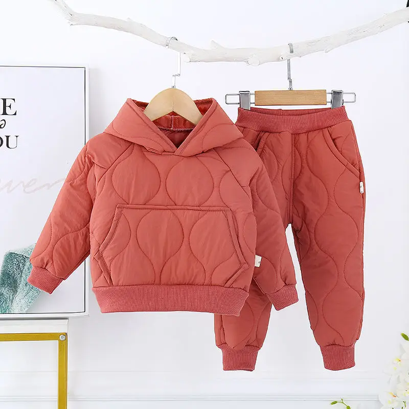 Children\'s Winter Padded Clothes Suit Boys Girls hooded Thickened Cotton Quilted Trousers0-5T Baby Home Service 2-Piece Set