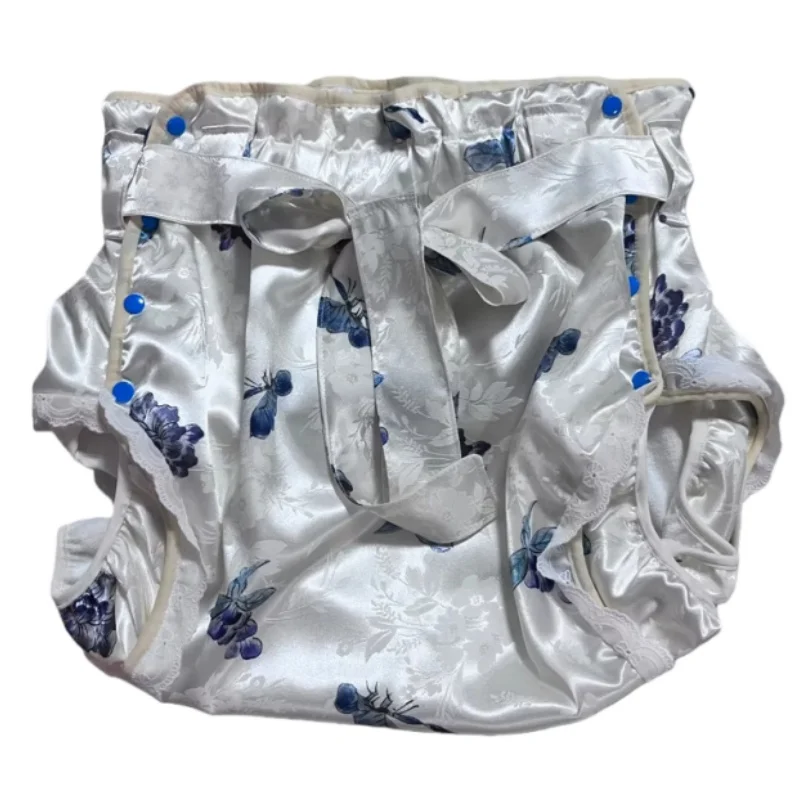 

Plus Size Adult Baby Lace Edge Diapers Briefs Comfort Soft Breathable Underpants Print Satin Surface Panties ABDL Role-play Gift