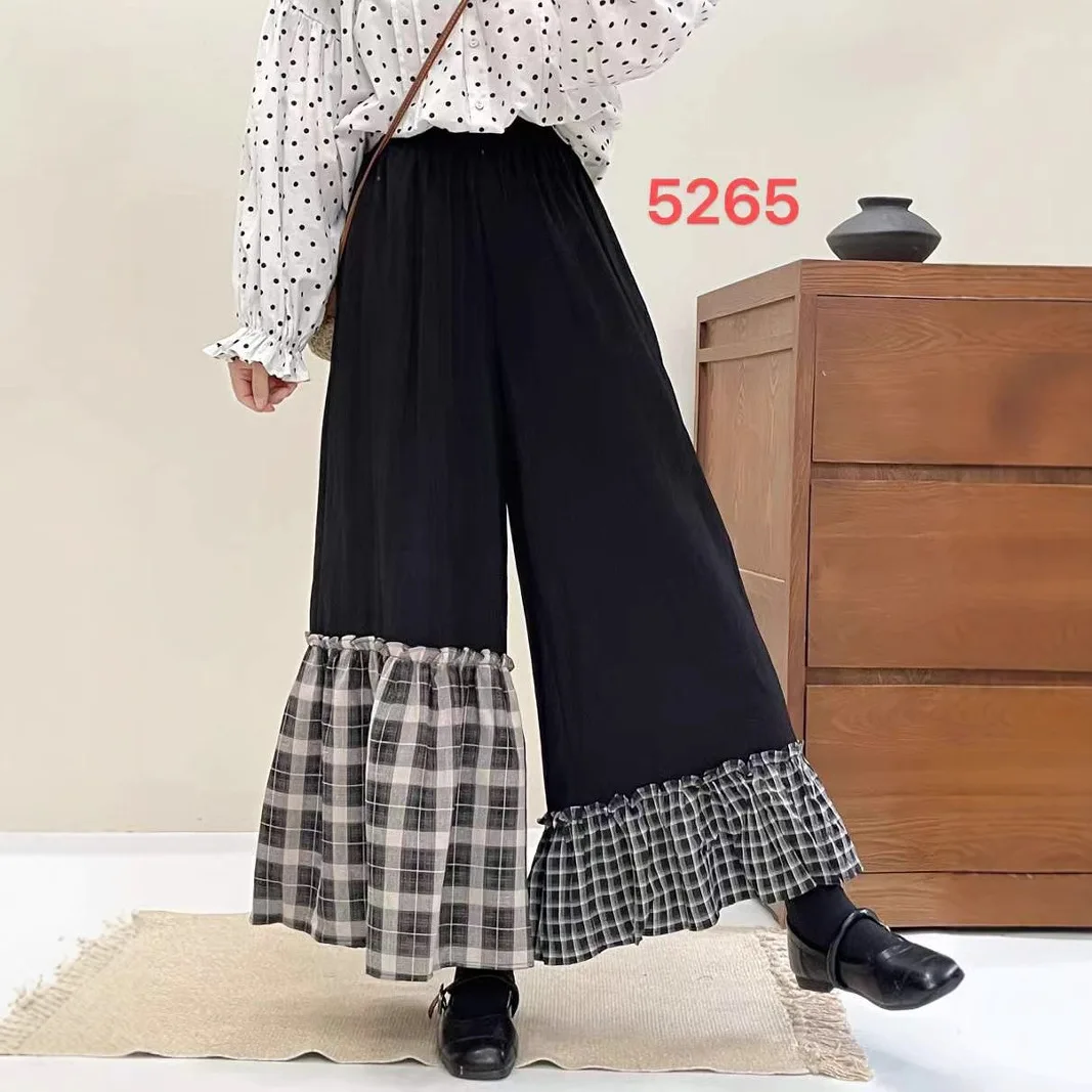 Mori Girl Vintage Plaid Ruffled Hem Patchwork Wide Leg Pants Women Spring Summer Elastic Waist Casual Loose Pants