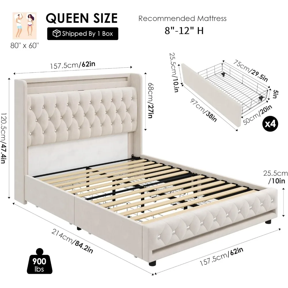 Queen Size Bed Frame with Charging Station and 4 Storage Drawers, Velvet Upholstered Platform Bed