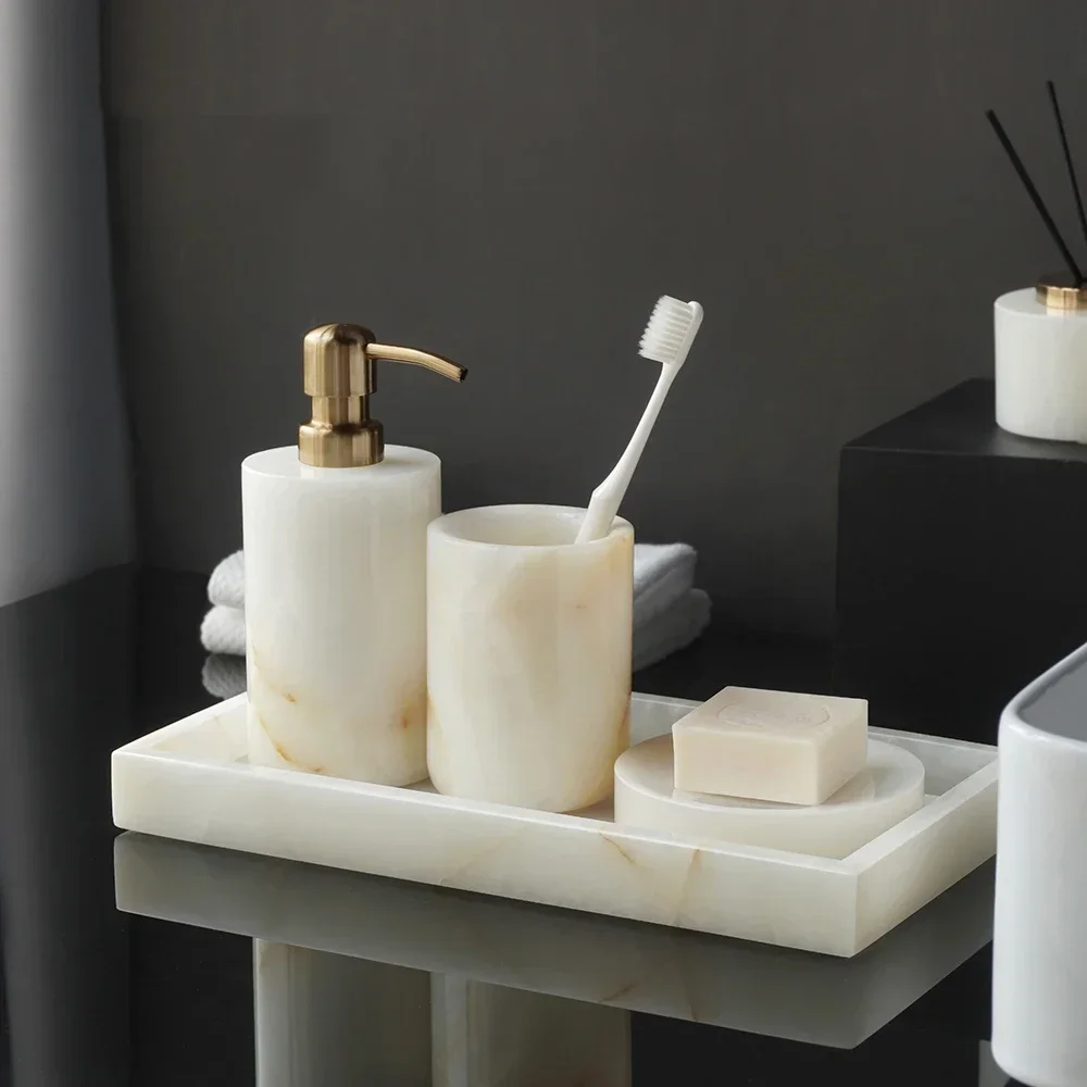 White Onyx Natural Marble Bathroom Accessories Set Elegant Soap Dispenser Tissue Box Vanity Tray Bathroom Set
