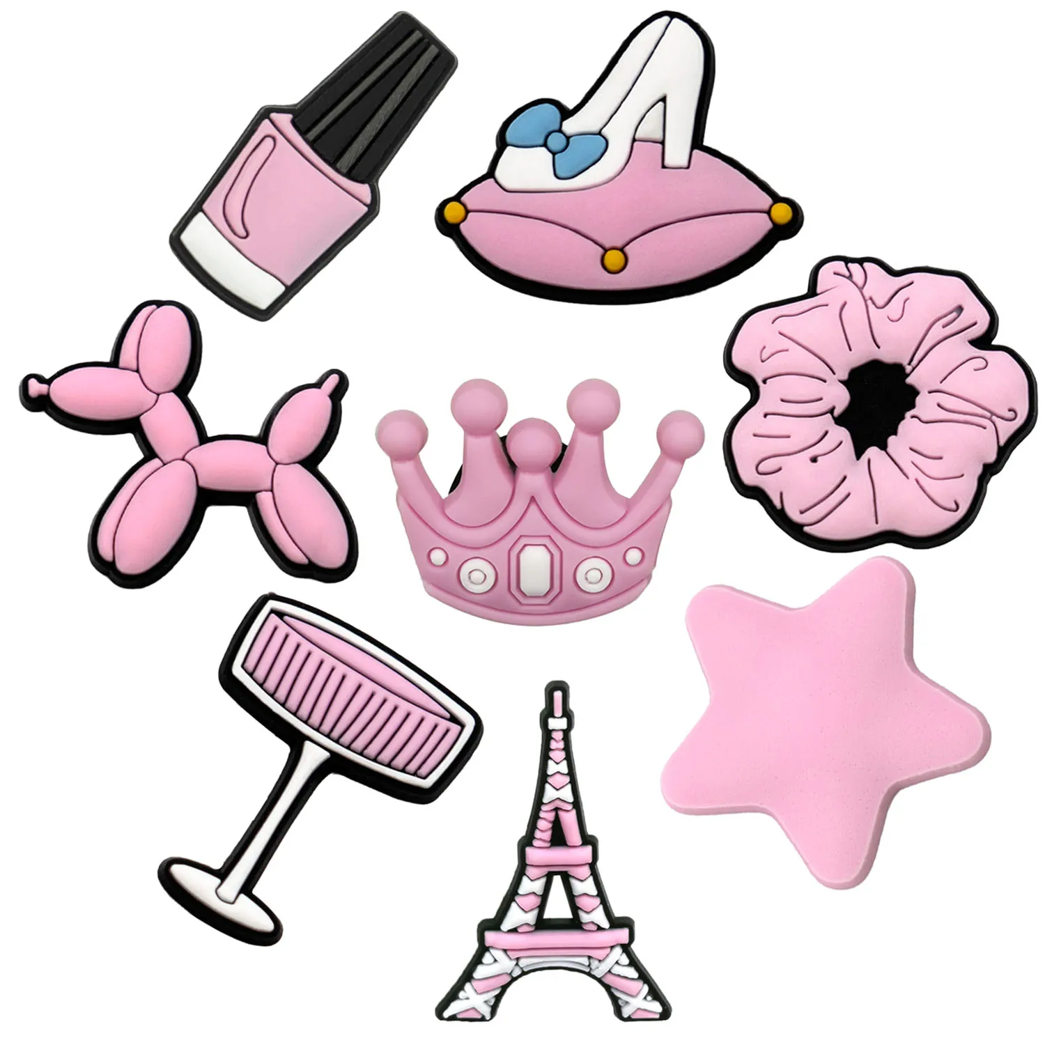 1/8pcs Pink Crown Shoe Charms for Girls Dog Balloon Perfume High Heels Shoe Accessories Hair Band Paris Tower Stars Clog Charms