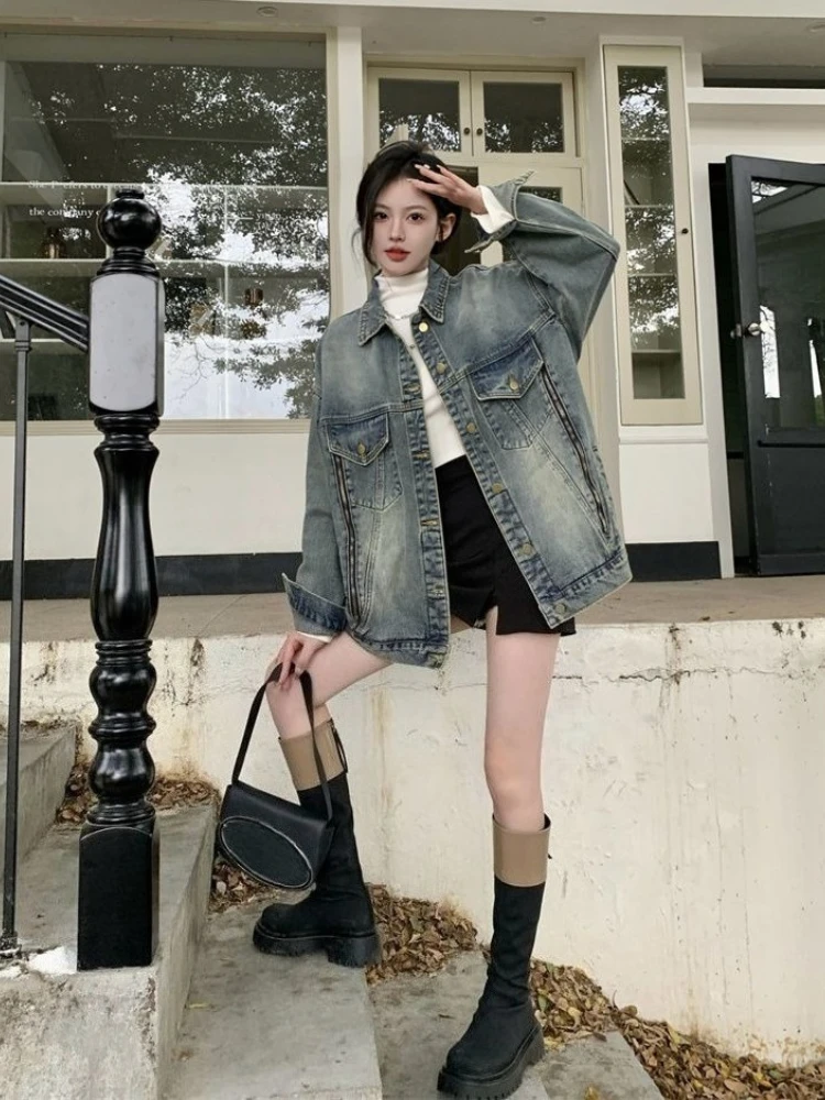 

202, весенне-осенняя женская американская винтажная байкерская джинсовая куртка с длинными рукавами и застежкой-молнией, свободная модная куртка средней длины