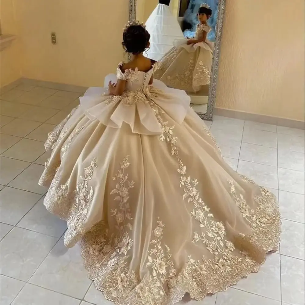 Customized Flower Girl Dress For Wedding V-back Satin Lace Tulle Full Sleeves Princess Kids First Communion Dress Ball Gowns