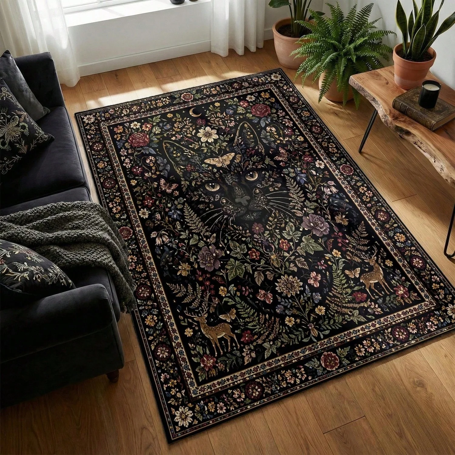 Black Cat Garden Rug, Witchy Dark Gothic Floral Rug