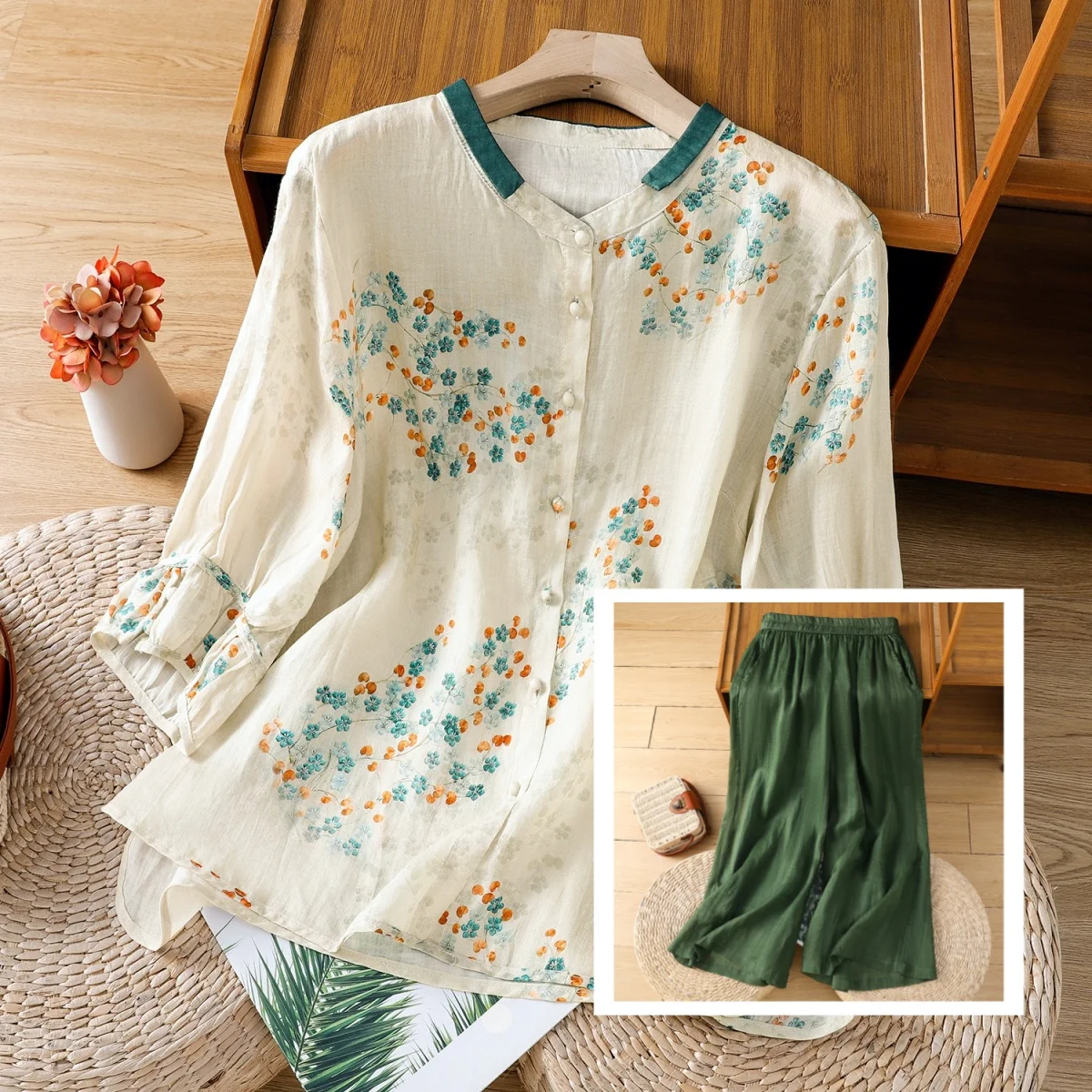 

New Chinese Style Women's Shirt Set Cotton Linen Casual Pants Two-Piece Outfit Large Size Spring Summer Fashion Commute