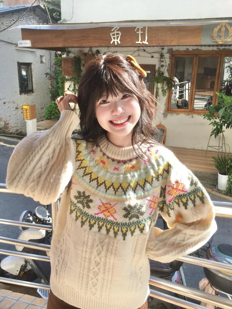 

Тяжелый круглый пуловер Ne, вязаный свитер, женский свободный крой, зимняя мода, этнический свободный свитер с вышивкой, удобный...