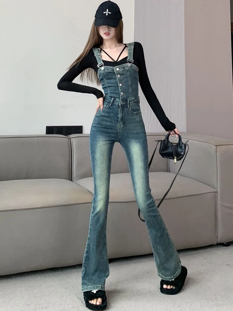 Slim Wide-Leg Flare Jeans Spaghetti Straps Single-breasted Denim Jumpsuit Fashionable High Street Autumn Women\'s Trousers