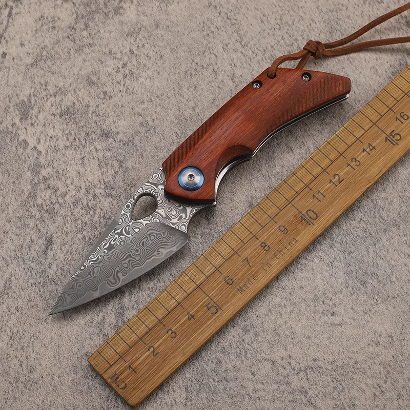 Vg10 Damascus steel Red Rosewood folding outdoor knife mini portable self-defense knife folding knife pocket fruit knife