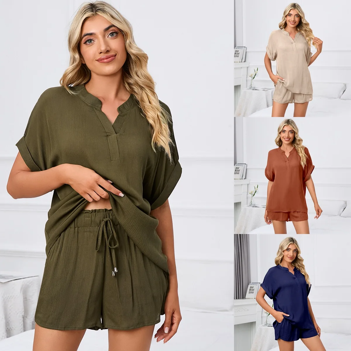 

Новинка: Женский домашний комплект для отдыха с V-образным вырезом, свободного кроя, с коротким рукавом, футболка и шорты, весна-лето