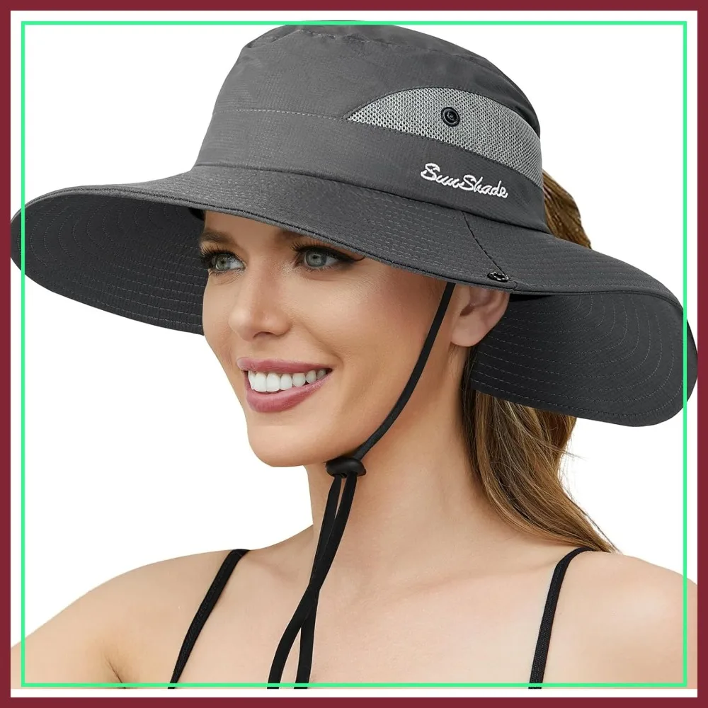 

Womens Sun Hat with Ponytail Hole, Foldable Wide Brim Cooling Mesh Beach Fishing Hat