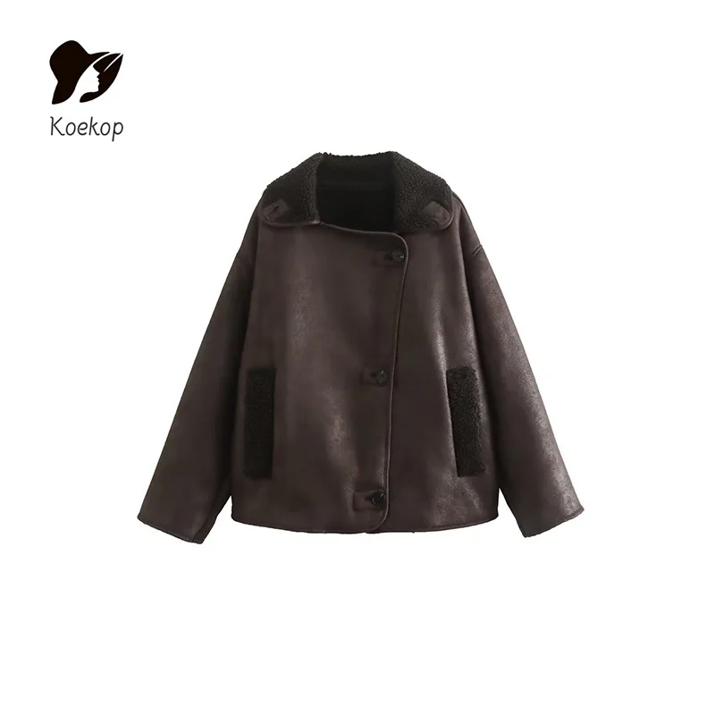 Koekop Women\'s Fashion Solid Color Asymmetric Reversible Plush Jacket Vintage Casual Temperament Chic Lady Jacket Top Coat