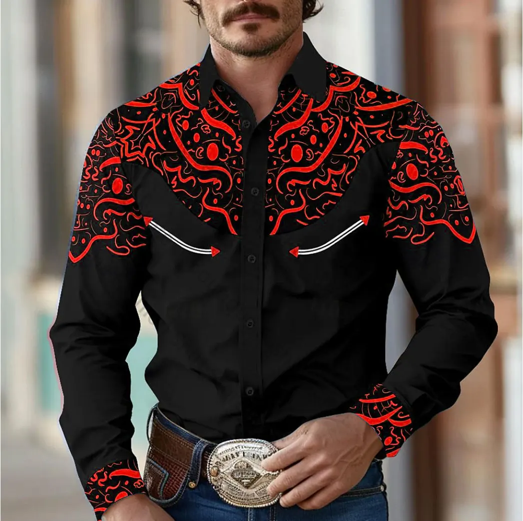 Men's shirt western cowboy style fashion loose lapel long sleeve shirt large size XS-6XL fast delivery