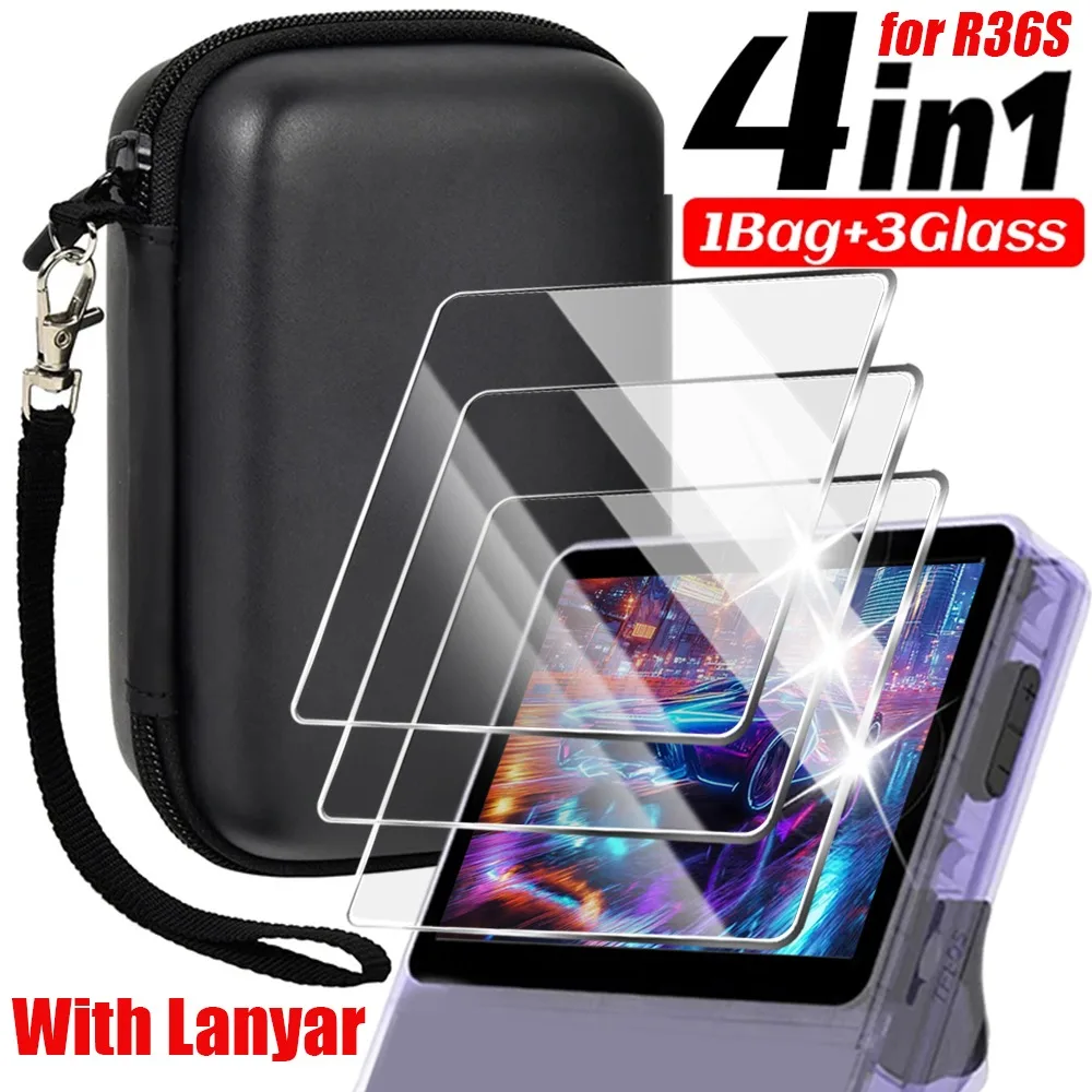 4 IN 1 Case+Glass for R36S Game Console Travel Carrying Storage Bag With Lanyar Tempered Glass Screen Protector Films for R36S