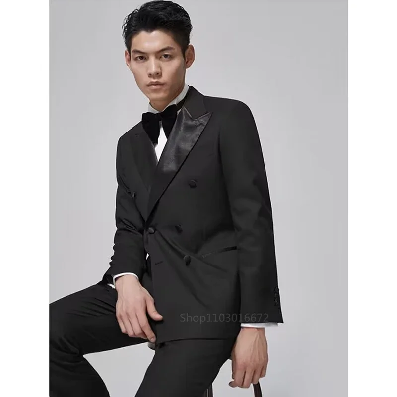 

2 Piece Classic Black Men Suits Slim Fit Peak Lapel Double Breasted Formal Wedding Groom Tuxedos Business Suits (Jacket+Pants)
