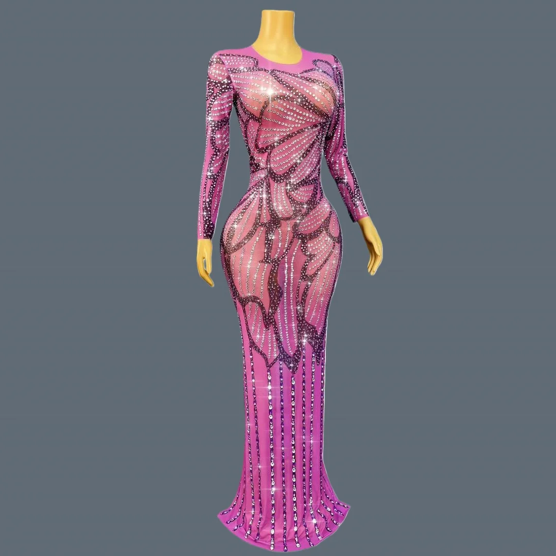 Pink Lady See Through Mesh Sexy Long Dress Sparkly Rhinestone Elegant Evening Gown Butterfly Pattern Long Sleeves Outfit Ziban