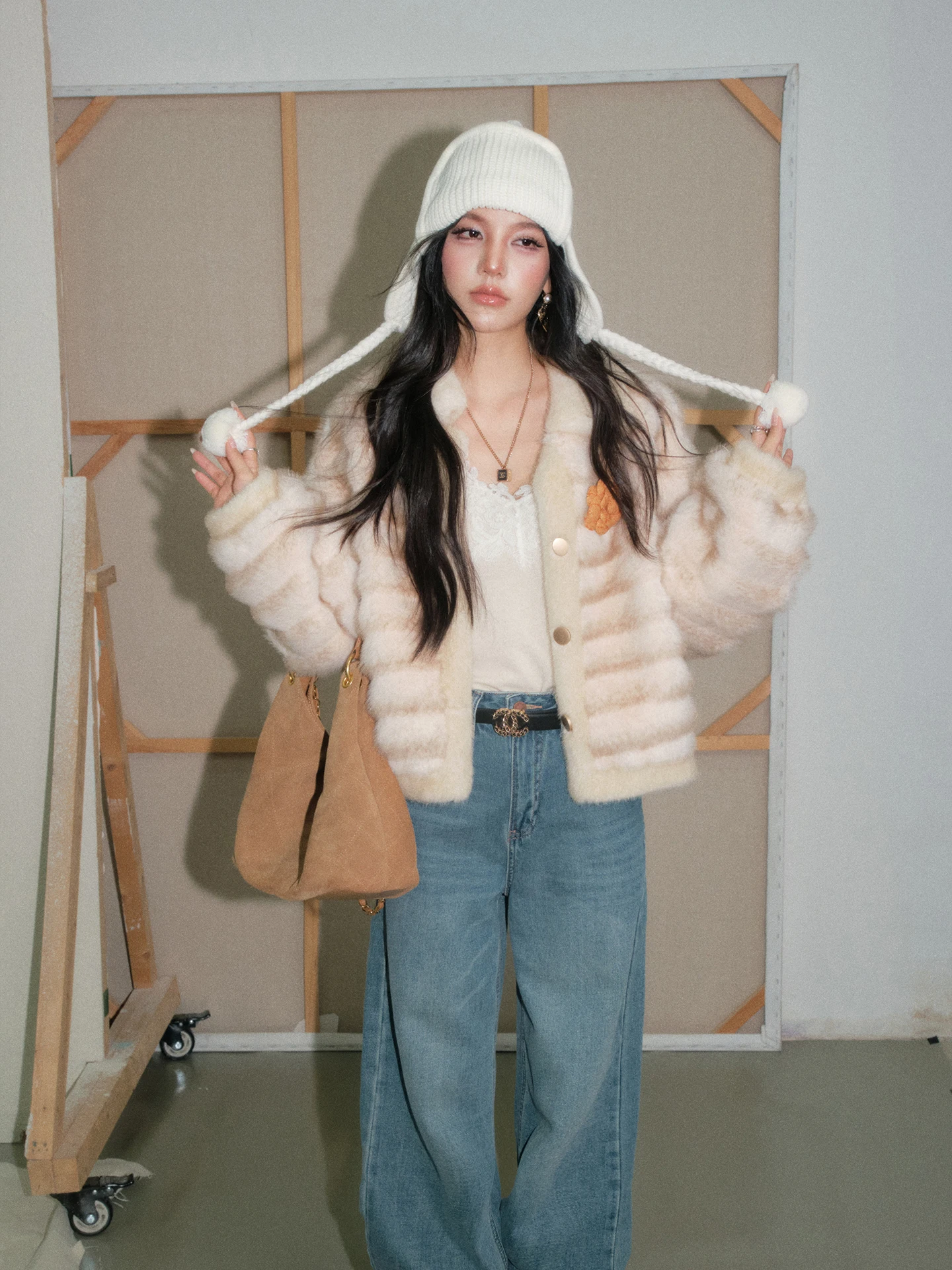 

Olivia Duo ort Thiened Warmth Artificial Mink Fur Coat Casual Sle Stand Version Winter Outerwear for Women