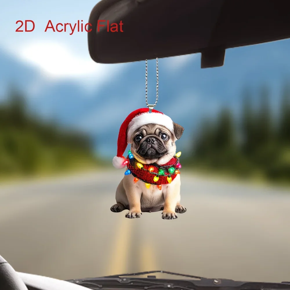 Charming Pug Christmas Pendant Keychain,Cartoon Puppy 2D Acrylic Versatile Charm,for Car Mirror,Backpack,Festive,Home,Gift&Decor