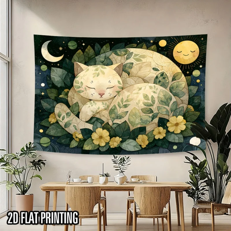 Bohemian Cat Constellation Tapestry Wall Hanging Forest Night Sky Star Moon Boho Nursery Decor Living Room Art Poster
