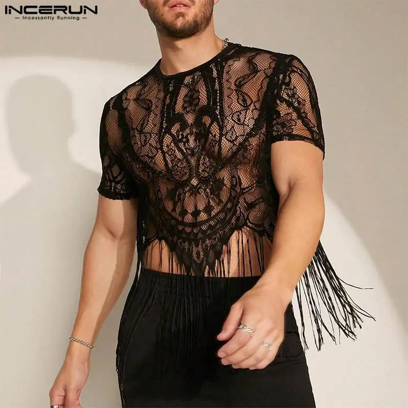 2024 Men T Shirt Lace Tassel O-neck Short Sleeve Fashion Party Men Clothing Streetwear Transparent Irregular Crop Tops INCERUN