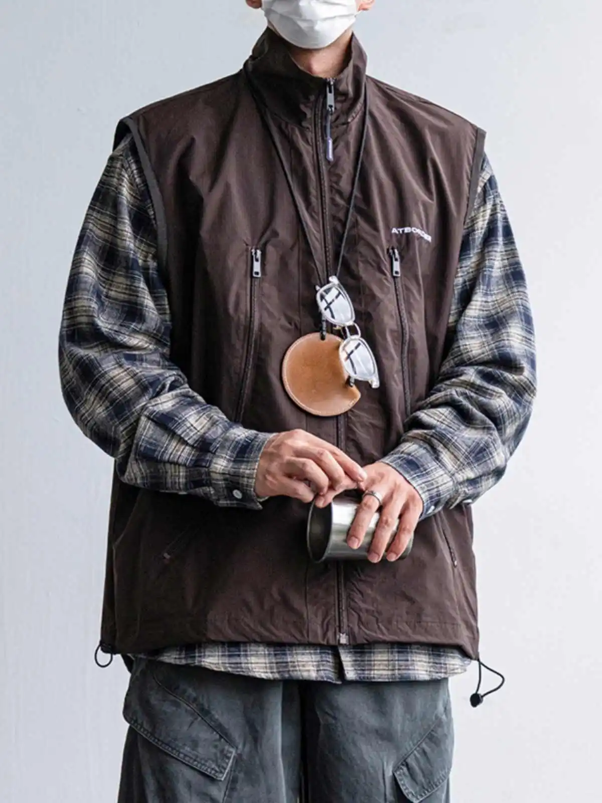 

Casual Japanese Functional Sle Men's Cam Outdoor Vest Loose Fit Zipper Decorated Stand Collar oulder Pad Jaet