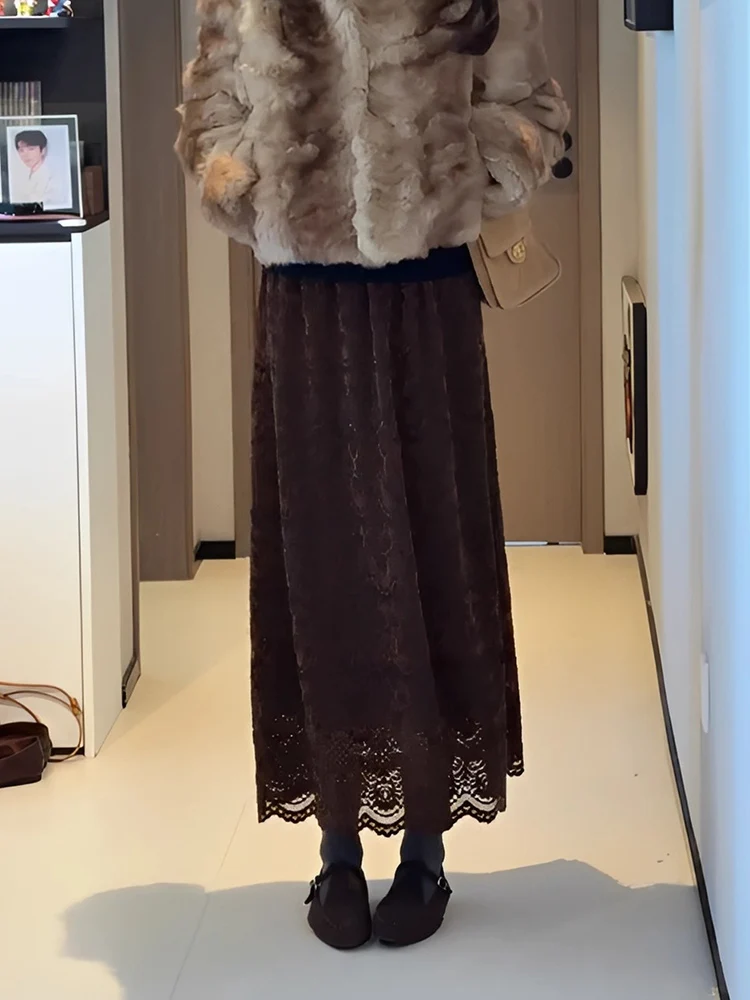 

OUDOEE Velvet High Waist Skirt Women's New 2026 Luxury Sensation Lace Straight Bodycon Skirt Skin-friendly Breathable