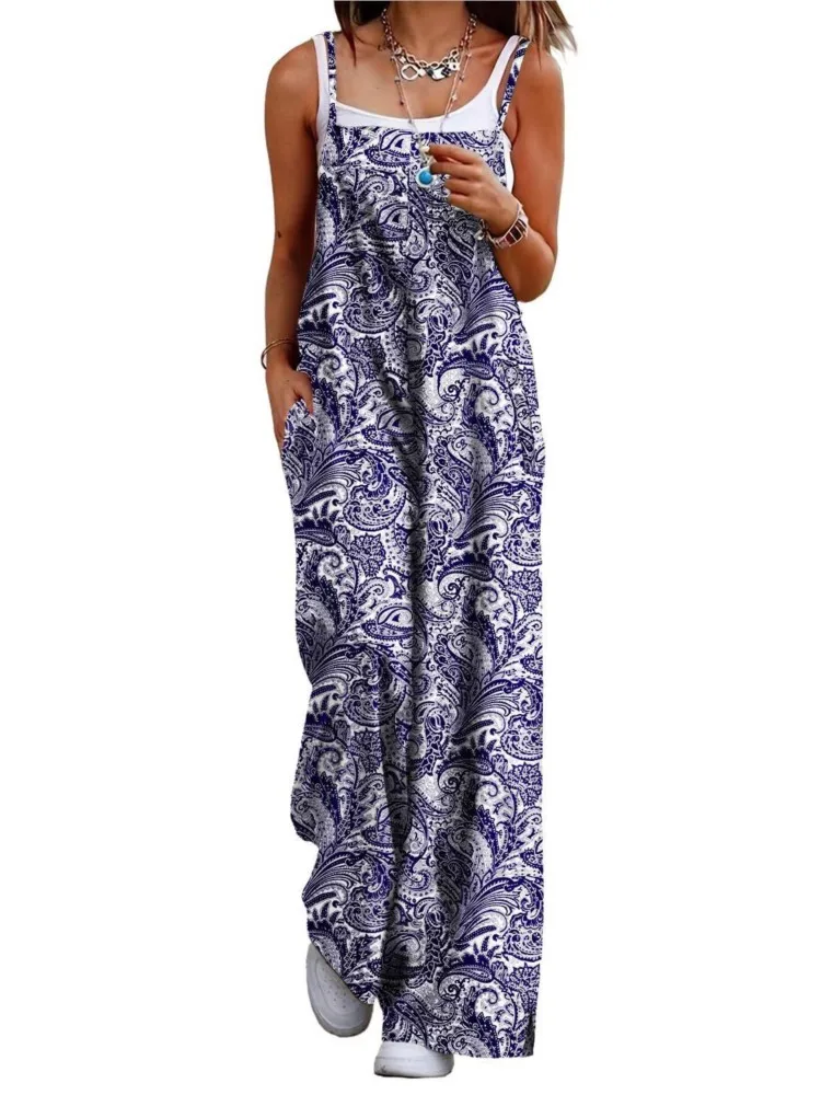 New Women's Fashion Sling Printed Pocket Loose Jumpsuit Summer Autumn Versatile Casual Womens Wide Leg Jumpsuits & Rompers