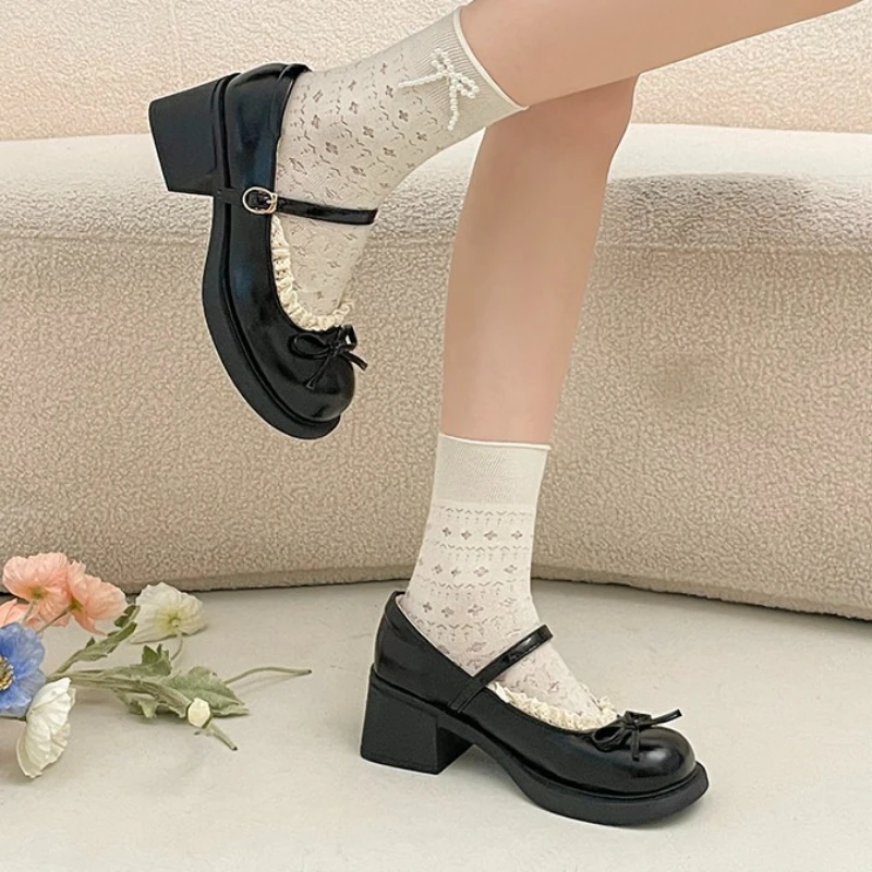 Cute Polka Dot Thick Heel Women Mary Jane Shoes Comfort Shallow Strap Pumps Ladies Eelgant Butterfly-knot Dress Single Shoes - view 4