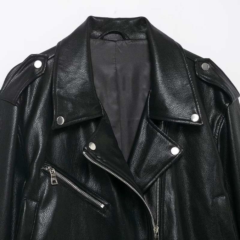 Willshela سترات نسائية عصرية من البولي يوريثان بسحاب أمامي أسود عتيق ورقبة على شكل طية صدر وأكمام طويلة ملابس نسائية أنيقة #3