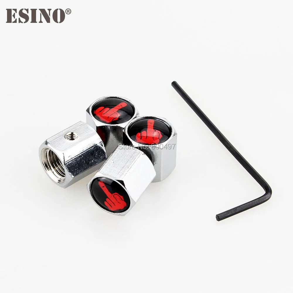 Tapas de vástagos de válvula de neumático de rueda inoxidable antirrobo de dedo medio divertido, estilo de coche, 4 x