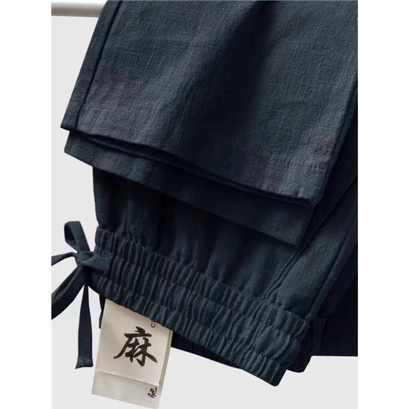 High-End Linen Pants Light Blue Cotton Linen Loose Straight Leg Summer Thin  Silk Long Men's Casual Pants