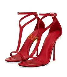 Red Leather T Strap Sandals Stiletto Thin High Heel Fashion 2024 Ankle Buckle Strap Open Toe Solid Cover Heel Runway Shoes