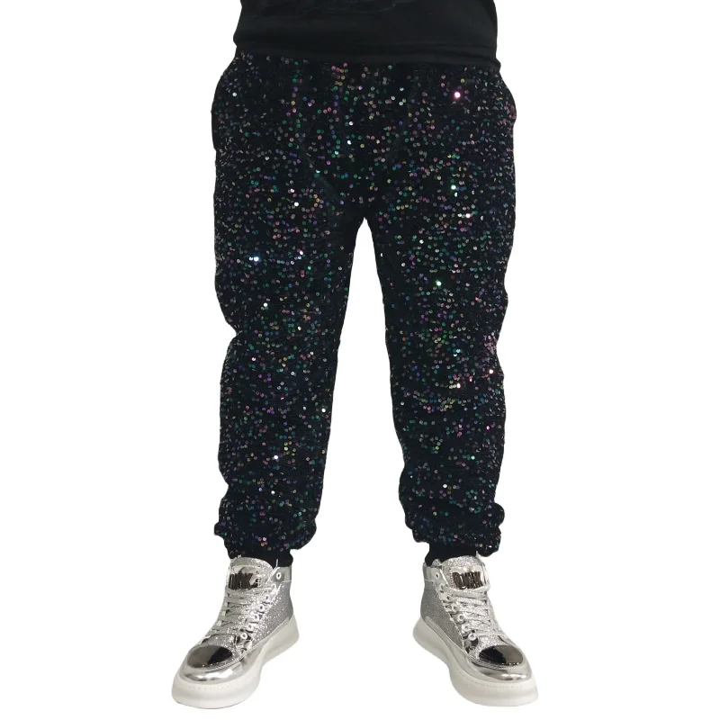 

Men Sequins Pants Nightclub Bar Rock Singer Dancer Shiny Loose Casual Trousers Party Show Stage Team Hip Hop Jazz Dance Costume