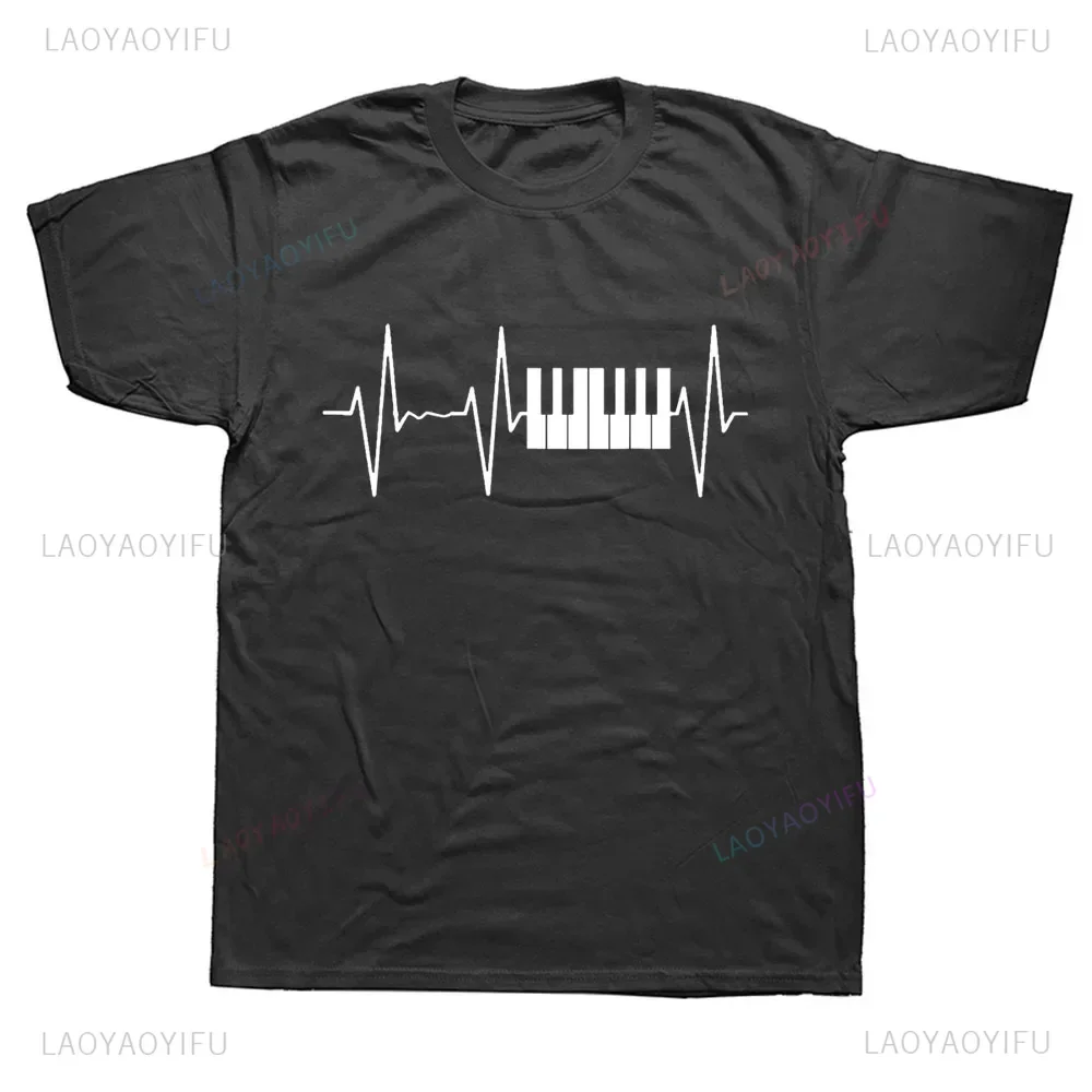 Funny Graphic Piano Keyboard Vintage Heartbeat Jazz Pianists Musician T-Shirt Casual Fashion Loose Short Sleeve Male T Shirts