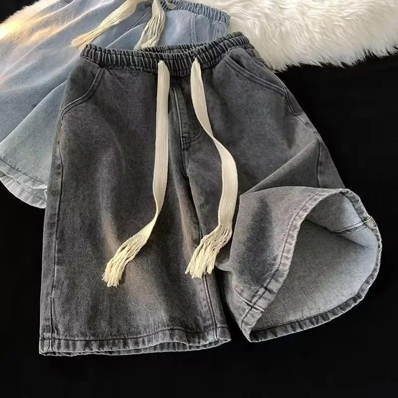 Celana Denim Tipis Musim Panas untuk Pria Jeans Kaki Lurus Pas Longgar Kasual Tali Pinggang Elastis Pakaian Kerja Trendi Panjang Or