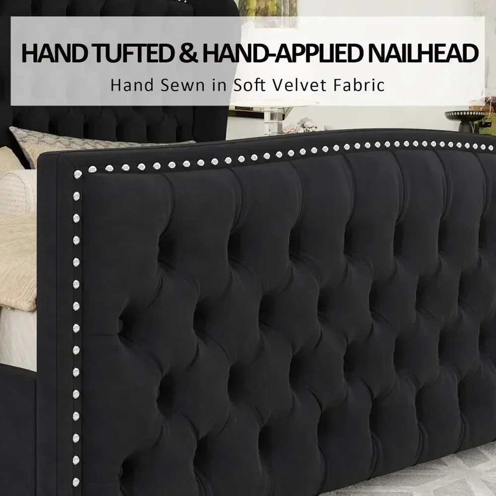 Queen Size Platform Bed Frame,Velvet Upholstered with Deep Button Tufted Nailhead Trim Wingback Headboard Black,Bed Frames - view 4
